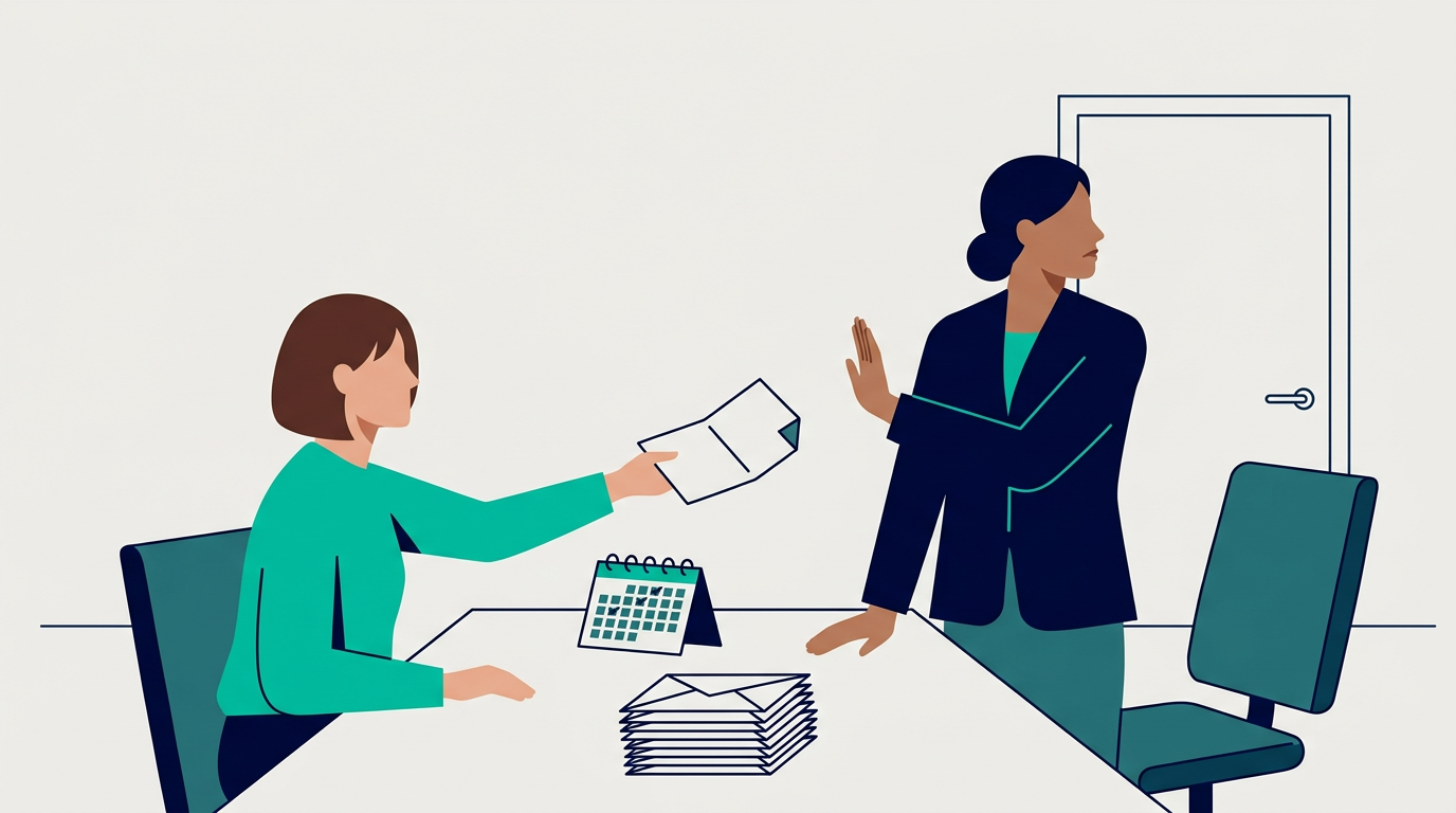Ilustración de una empleada entregando una solicitud de acomodación razonable mientras una gerente la rechaza con la mano en una oficina de Nueva York