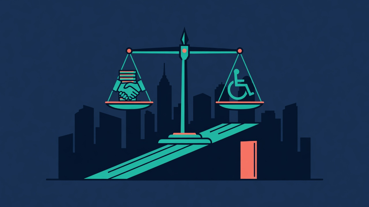 Ilustración plana de una balanza de la justicia equilibrando una compensación económica y el símbolo de accesibilidad para sillas de ruedas, con el horizonte de Nueva York y una rampa accesible — acuerdo financiero por violación de la ADA en NY