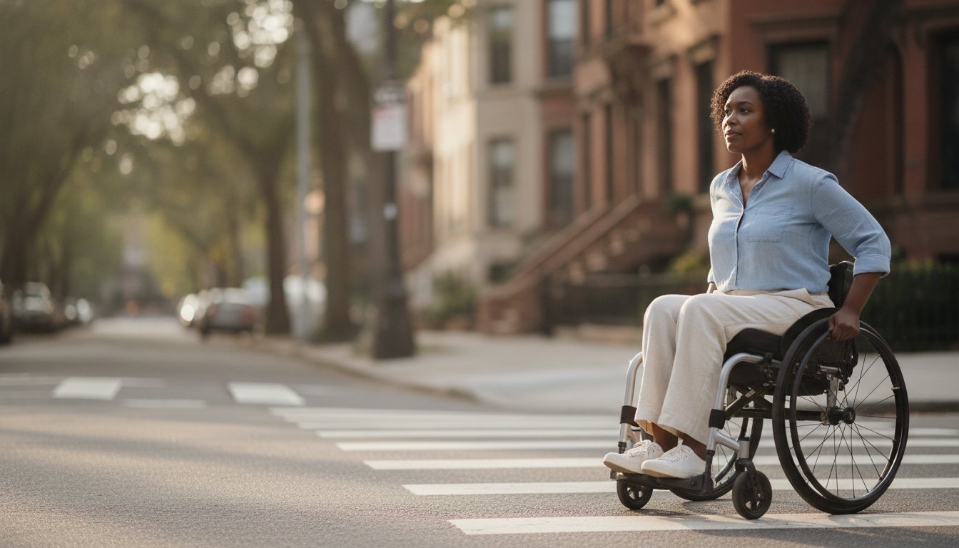 Mujer en silla de ruedas en un cruce peatonal de una calle de Nueva York, ilustrando el acceso y los derechos de las personas con discapacidad