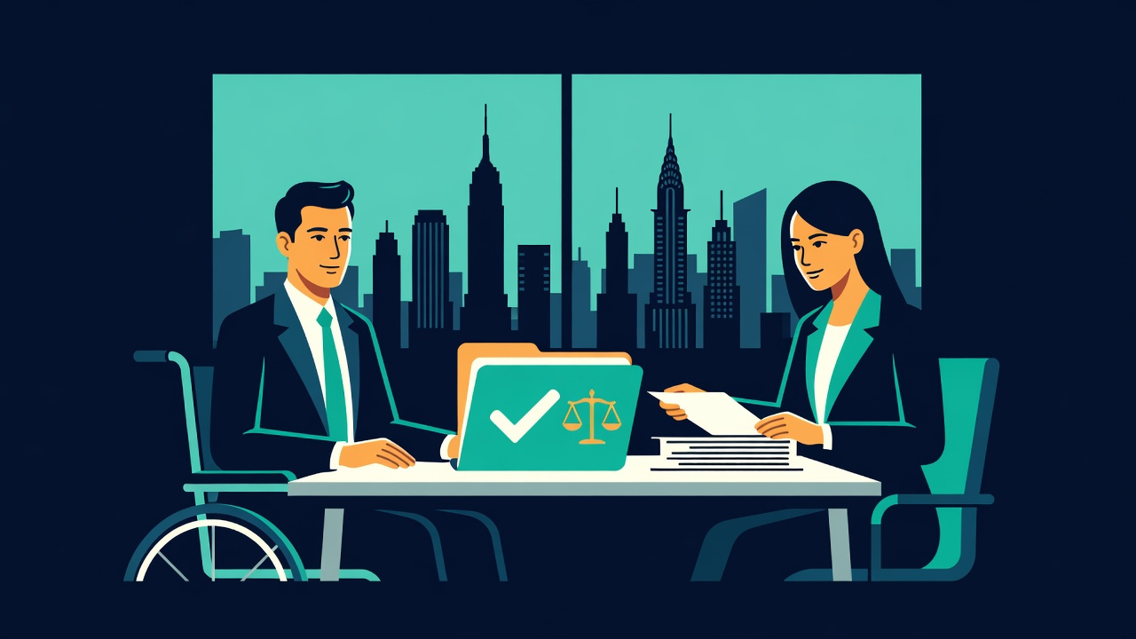Flat illustration: a person using a wheelchair meets with a case manager about a New York disability discrimination claim, NYC skyline behind them