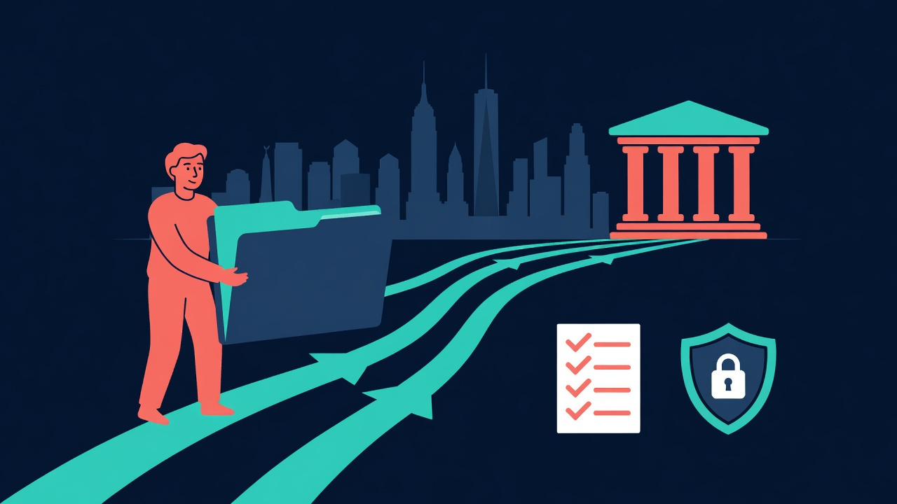Flat illustration of a case manager routing a disability claim folder toward a New York government building with a checklist and shield