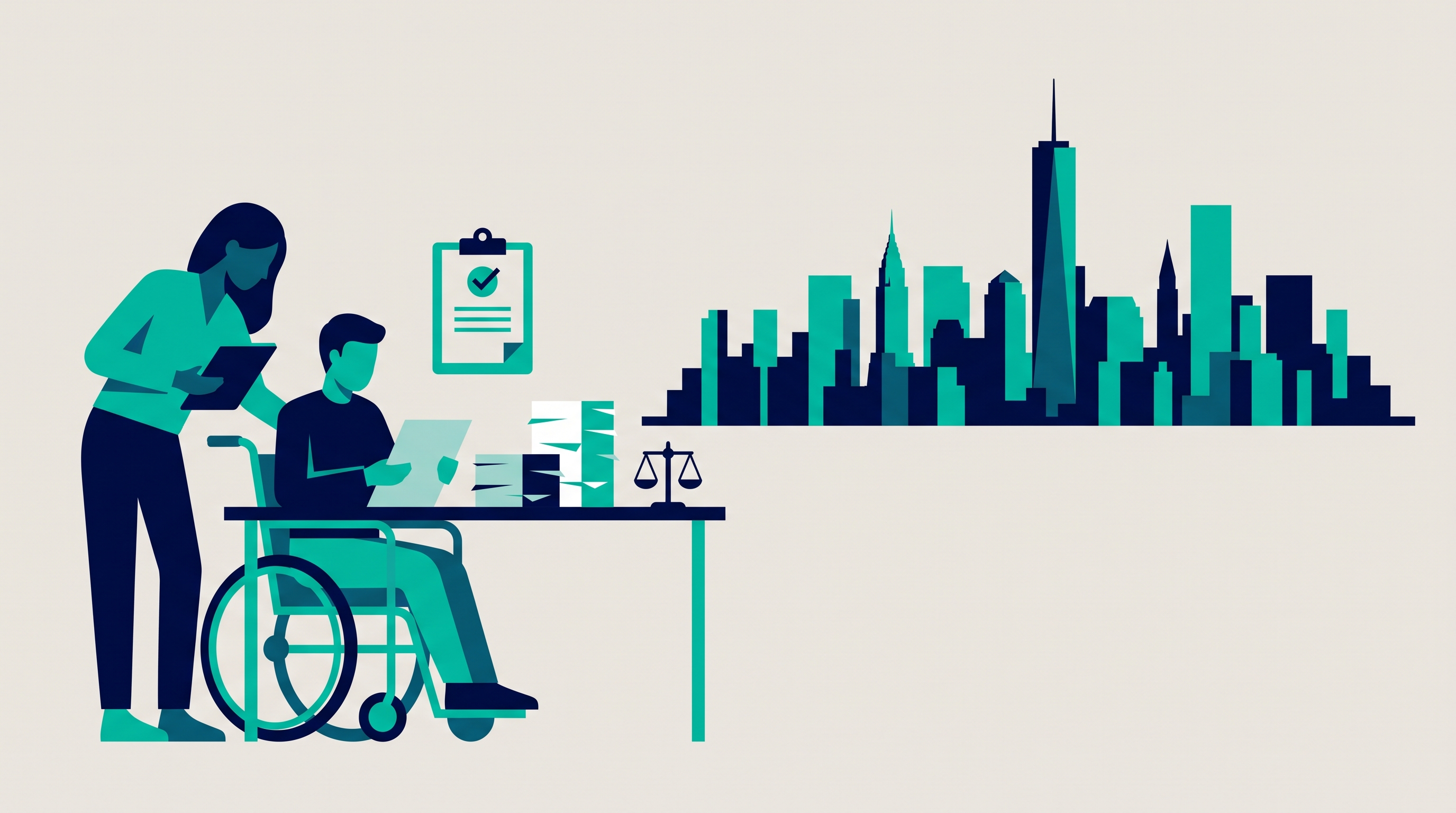 Illustration of a case manager helping a person in a wheelchair review disability claim paperwork, with the New York City skyline in the background
