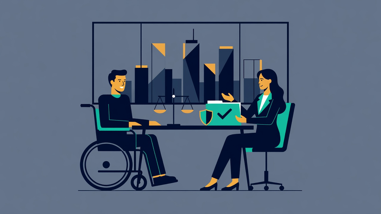 Flat illustration: a wheelchair user meets a case manager at a desk with a balance scale and a shield-checkmark folder, symbolizing a no-upfront-cost managed disability claim in New York