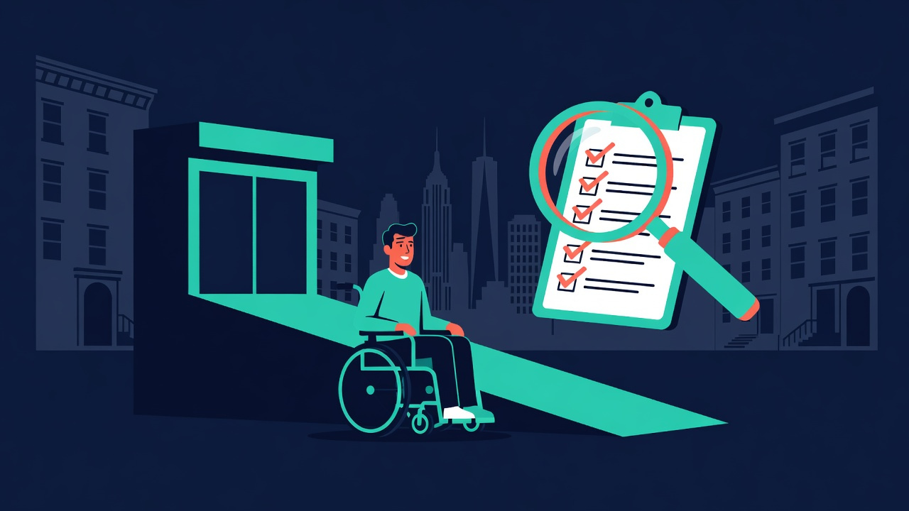 Flat illustration of a wheelchair user at an accessible New York City storefront ramp beside a magnifying glass reviewing a case checklist