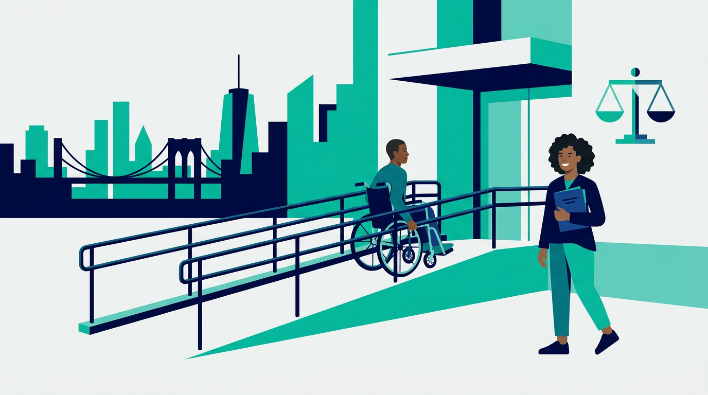 Illustration of a person in a wheelchair entering an accessible building beside scale-of-justice and checklist icons, representing ADA claim help in New York