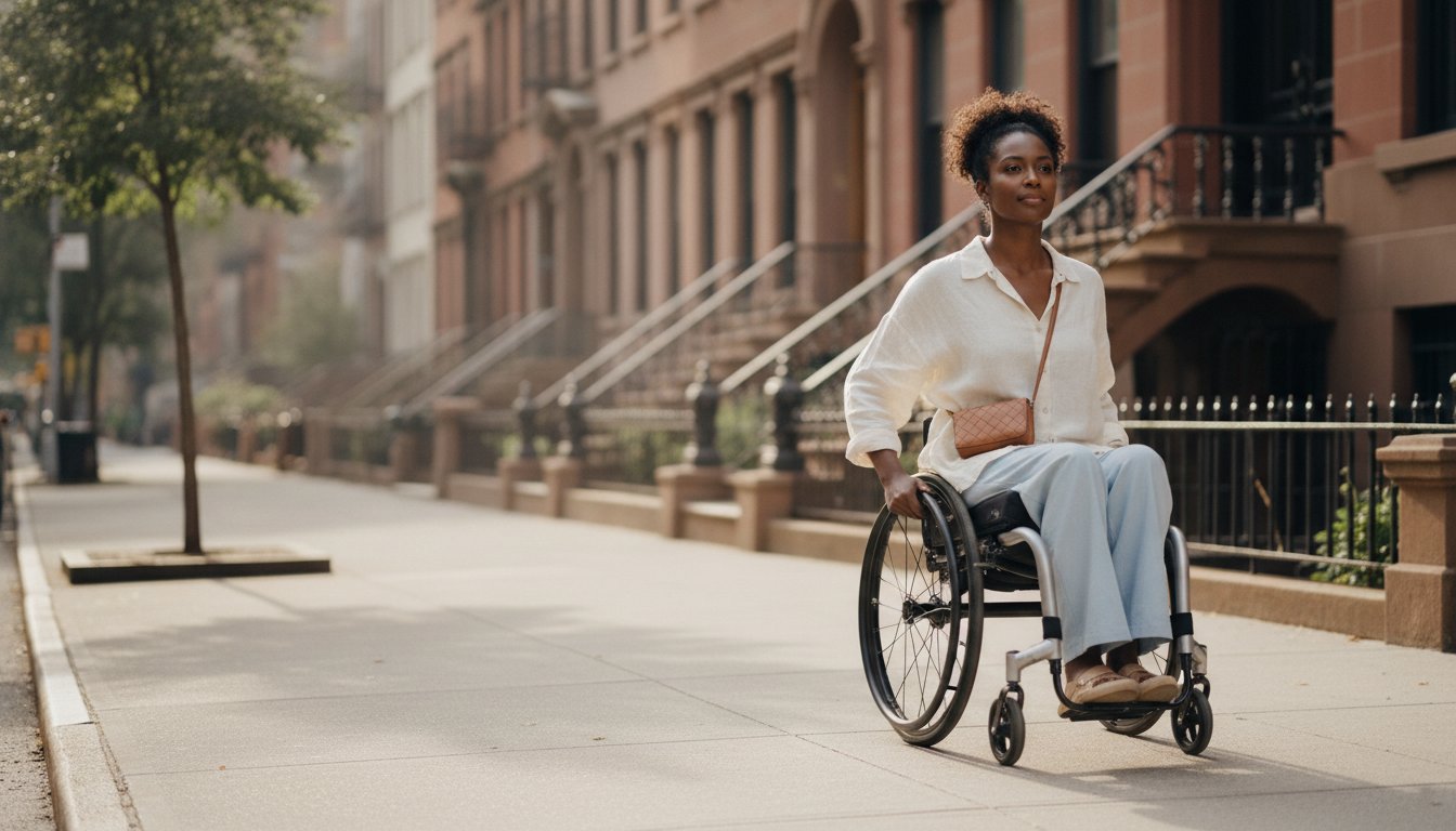 A New Yorker encountering an accessibility barrier outside a city storefront