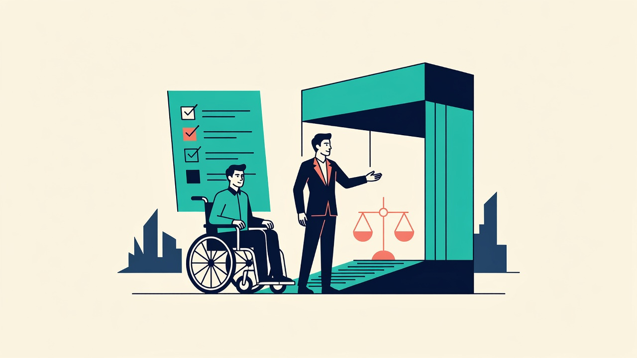 Ilustración plana de una persona en silla de ruedas y un asesor de casos de la ADA frente a un local de Nueva York con una nueva rampa de accesibilidad, una lista de verificación y una balanza de la justicia