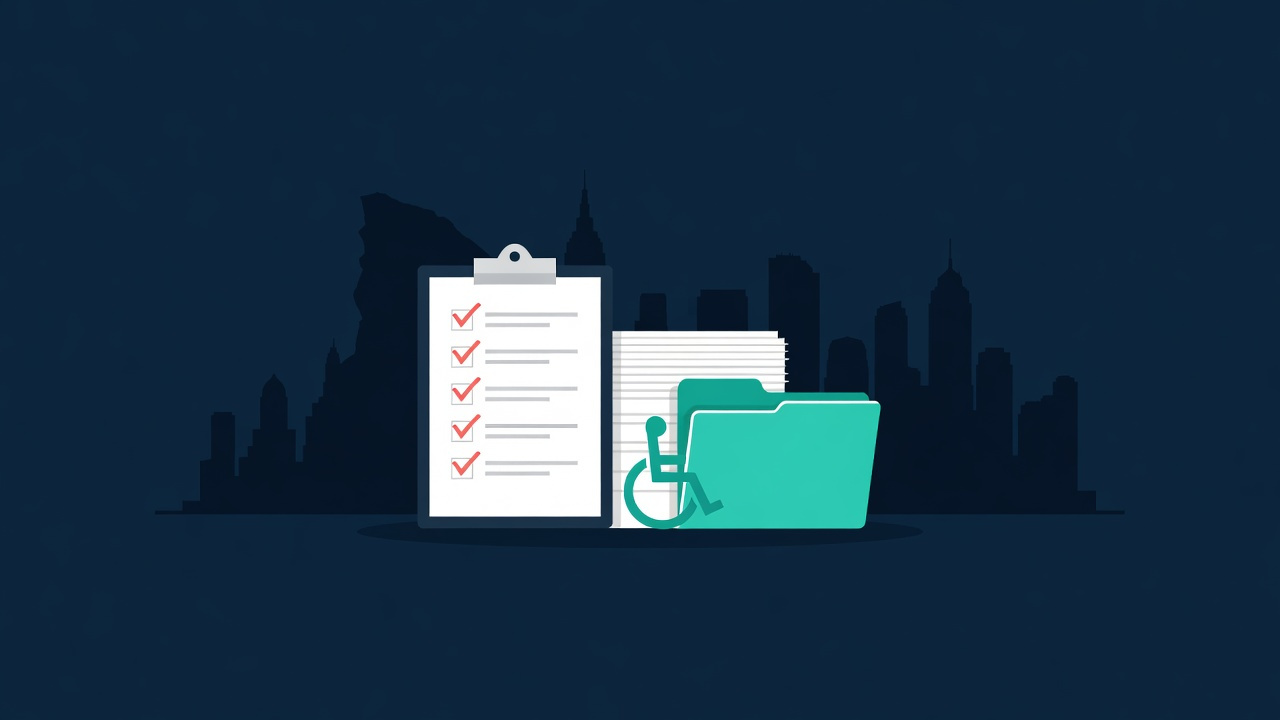Flat illustration of a filing checklist clipboard beside a folder marked with a wheelchair accessibility symbol, set against a New York City skyline — filing an ADA discrimination case in the Bronx.