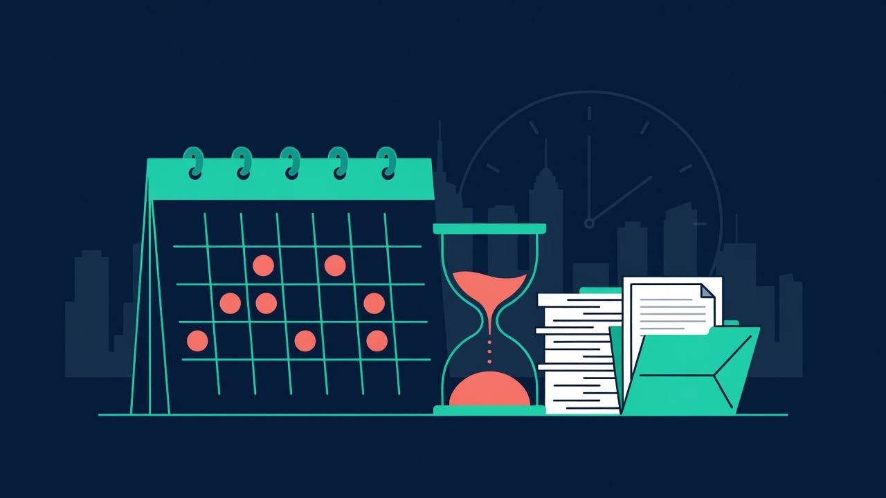 Flat illustration of a wall calendar, an hourglass, and a stack of legal documents against the New York City skyline, representing ADA discrimination claim filing deadlines in New York.