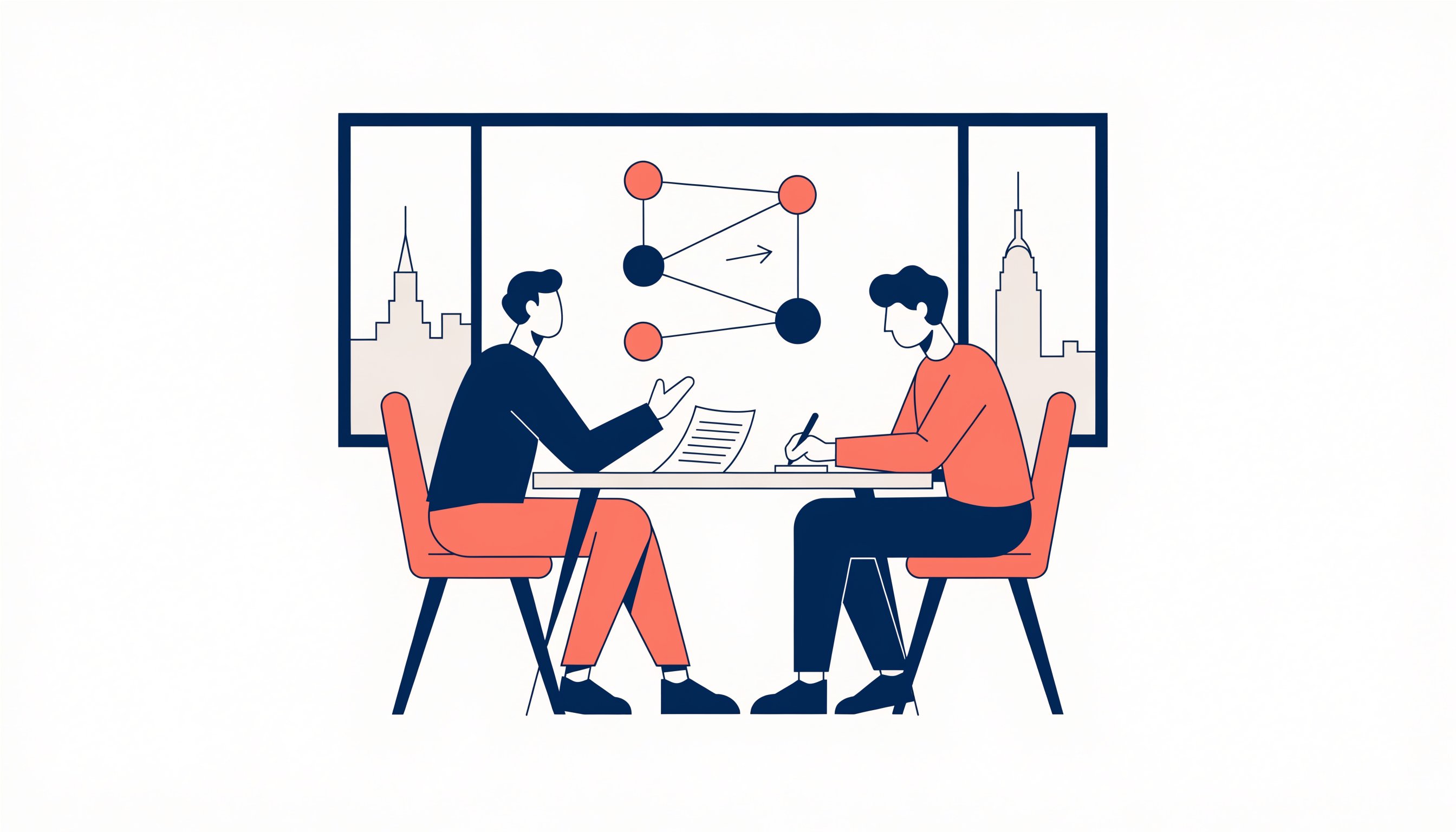 Flat editorial illustration of two stylized figures seated across a table in a New York office, one gesturing toward a document while the other takes notes, with an abstract diagram of connected circles and arrows between them representing a back-and-forth conversation.