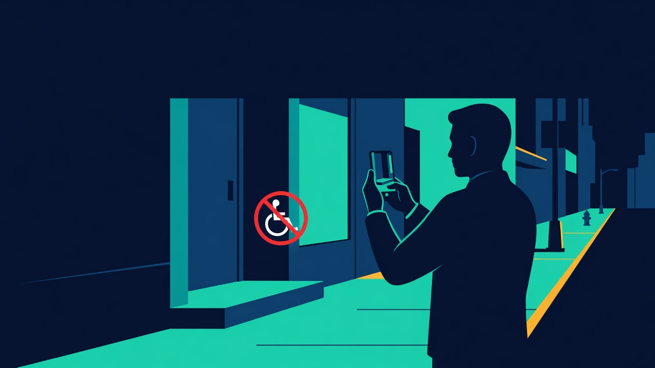 Flat illustration: a person photographs an inaccessible New York City shop entrance with steps and a no-wheelchair-access sign