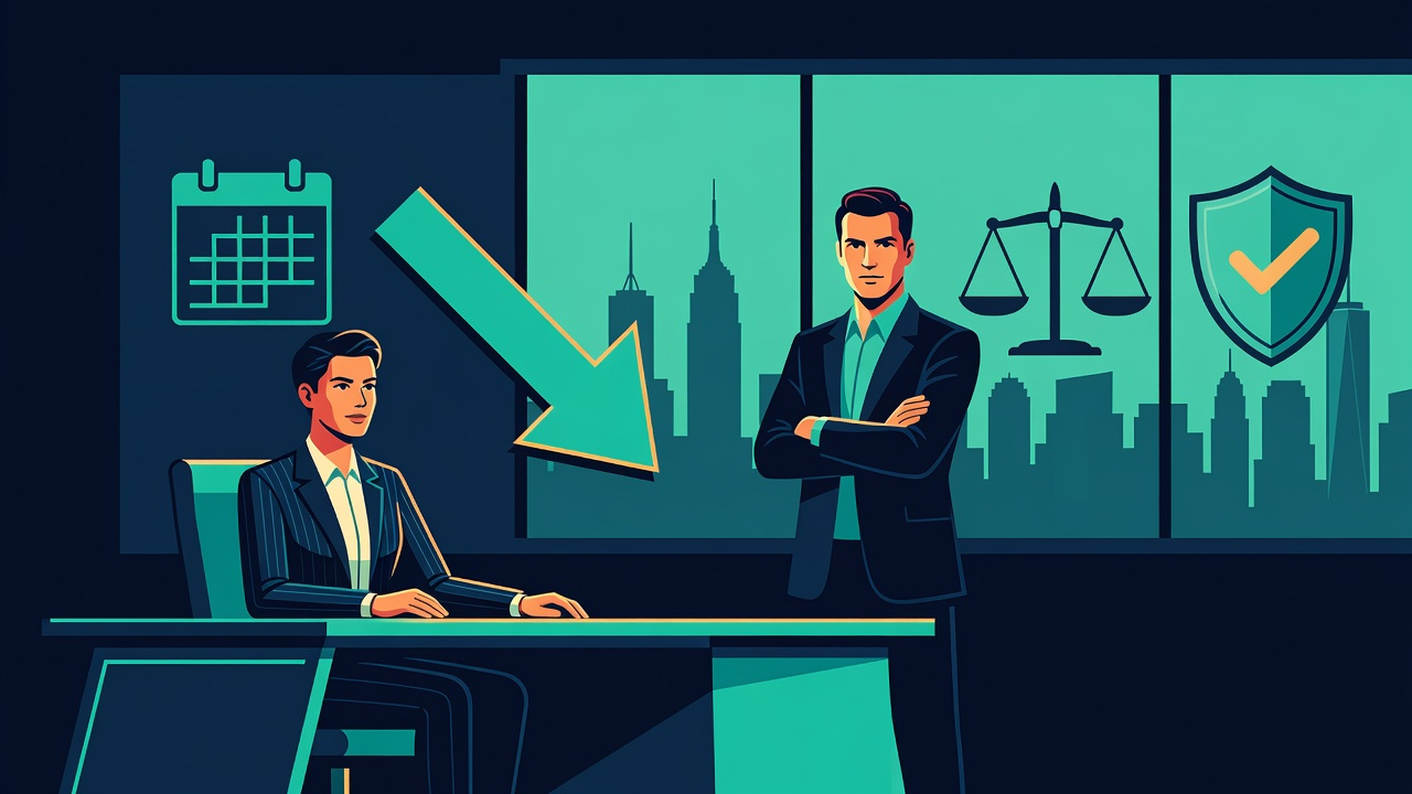 Flat illustration of a New York office worker facing workplace retaliation — a calendar and downward arrow marking an adverse action after a disability accommodation request, with scales of justice and a rights-protection shield, NYC skyline behind.