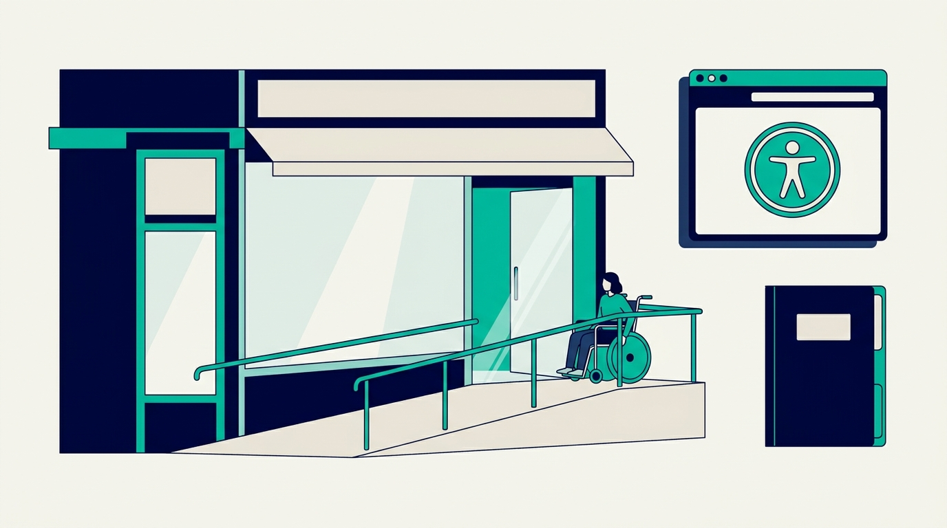 Flat illustration of a New York storefront with an accessible ramp and handrails, a wheelchair user entering, beside a browser window showing an accessibility symbol and a case file.