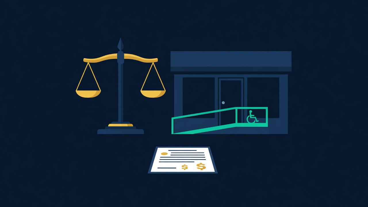 Flat illustration of a scale of justice beside a New York storefront with a wheelchair ramp and a settlement document with dollar symbols, representing the financial value of an ADA discrimination claim in New York.