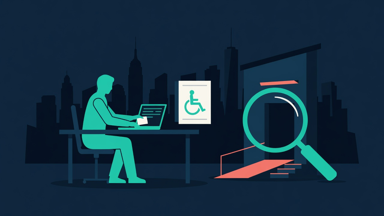 Flat illustration of a person filing an ADA accessibility claim on a laptop while a magnifying glass examines a building entrance with a wheelchair ramp, set against a New York City skyline.