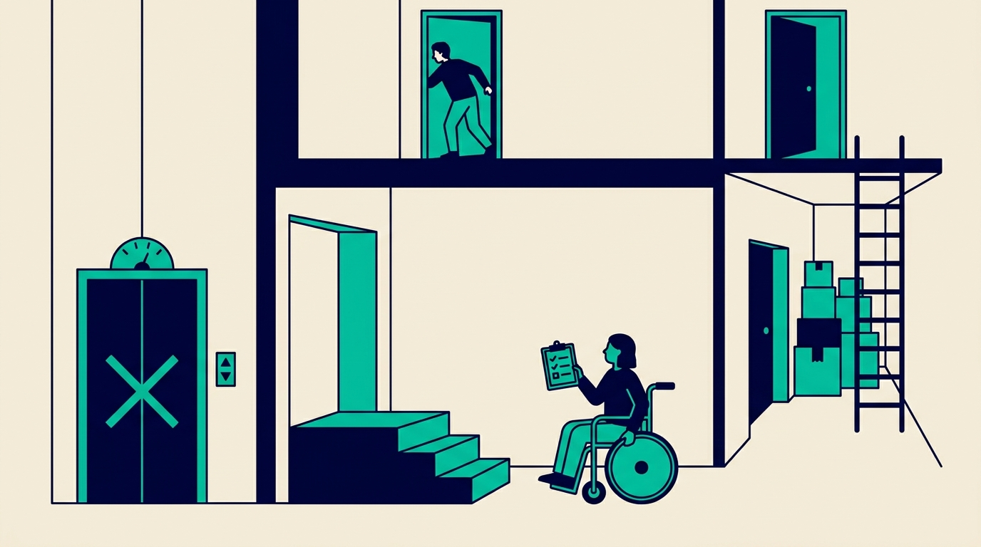 Ilustración plana en corte de un edificio de apartamentos de Nueva York que muestra barreras de accesibilidad: un ascensor fuera de servicio, un vestíbulo con escalones y una puerta angosta
