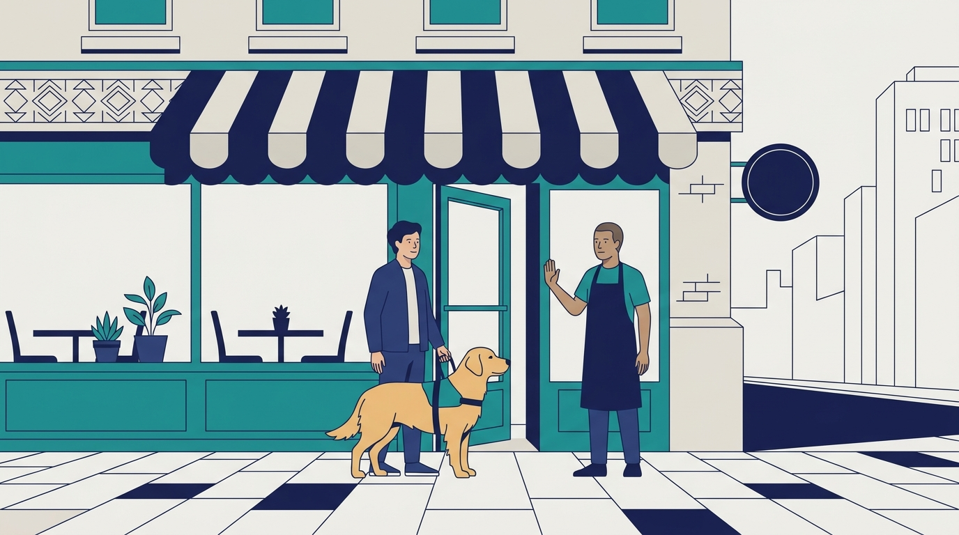 Flat illustration of a person with a harnessed service dog being stopped by staff at a New York City restaurant doorway
