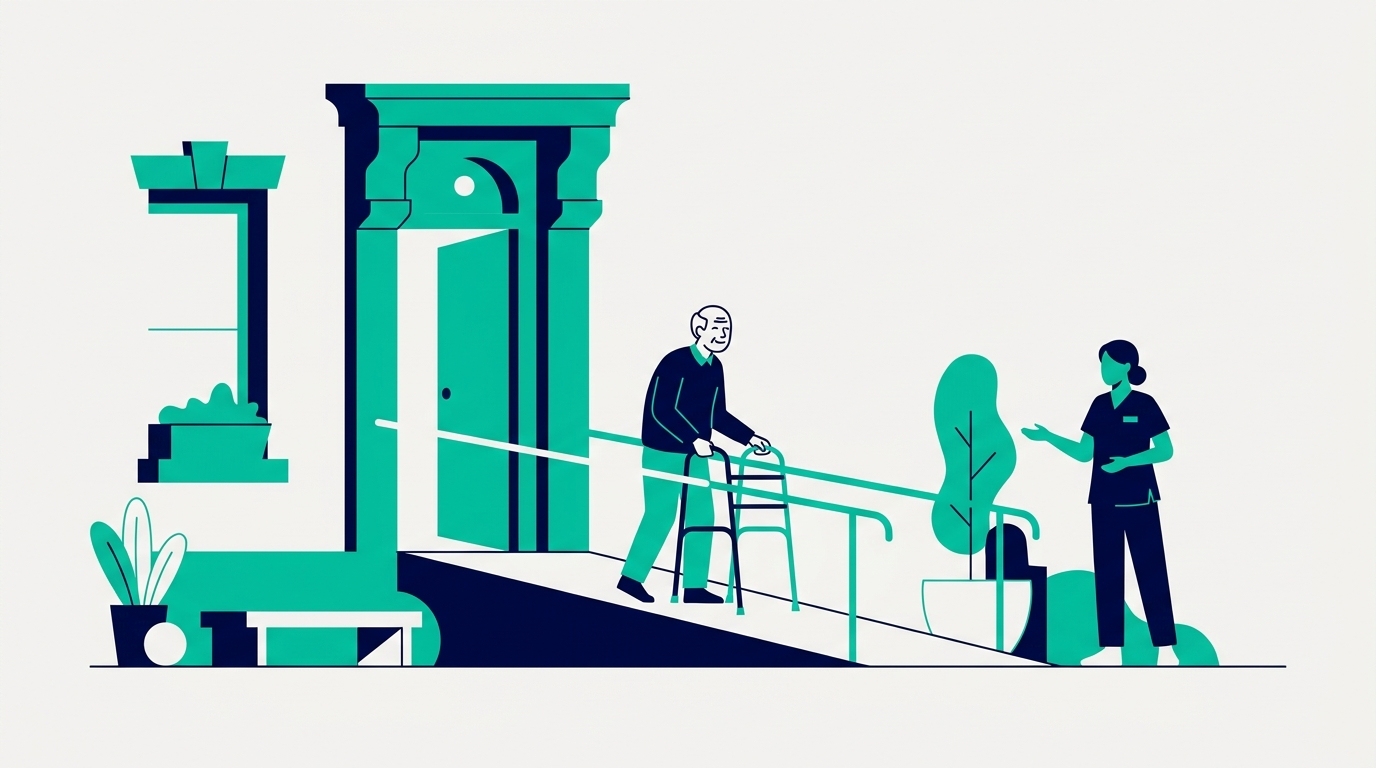 Ilustración plana de una persona mayor usando un andador en la entrada de una residencia asistida de Nueva York, con pasamanos, rampa y personal de cuidado cerca