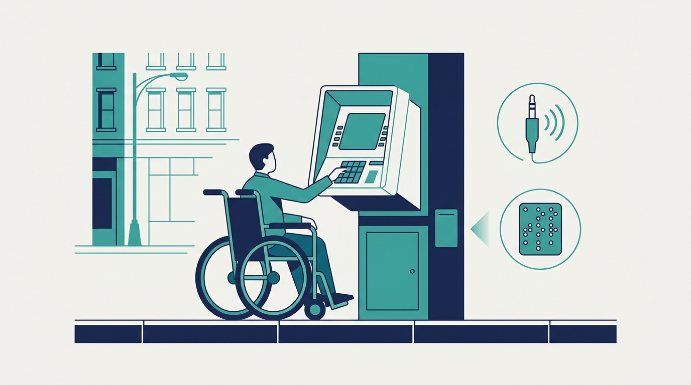 Flat illustration of a wheelchair user unable to reach a New York City sidewalk ATM keypad, with braille keypad and audio headphone jack accessibility icons