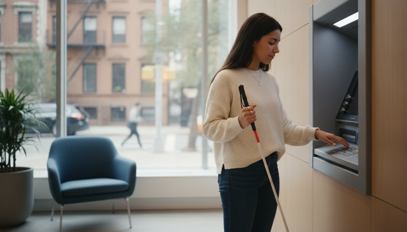 Wheelchair user at an inaccessible ATM in New York City