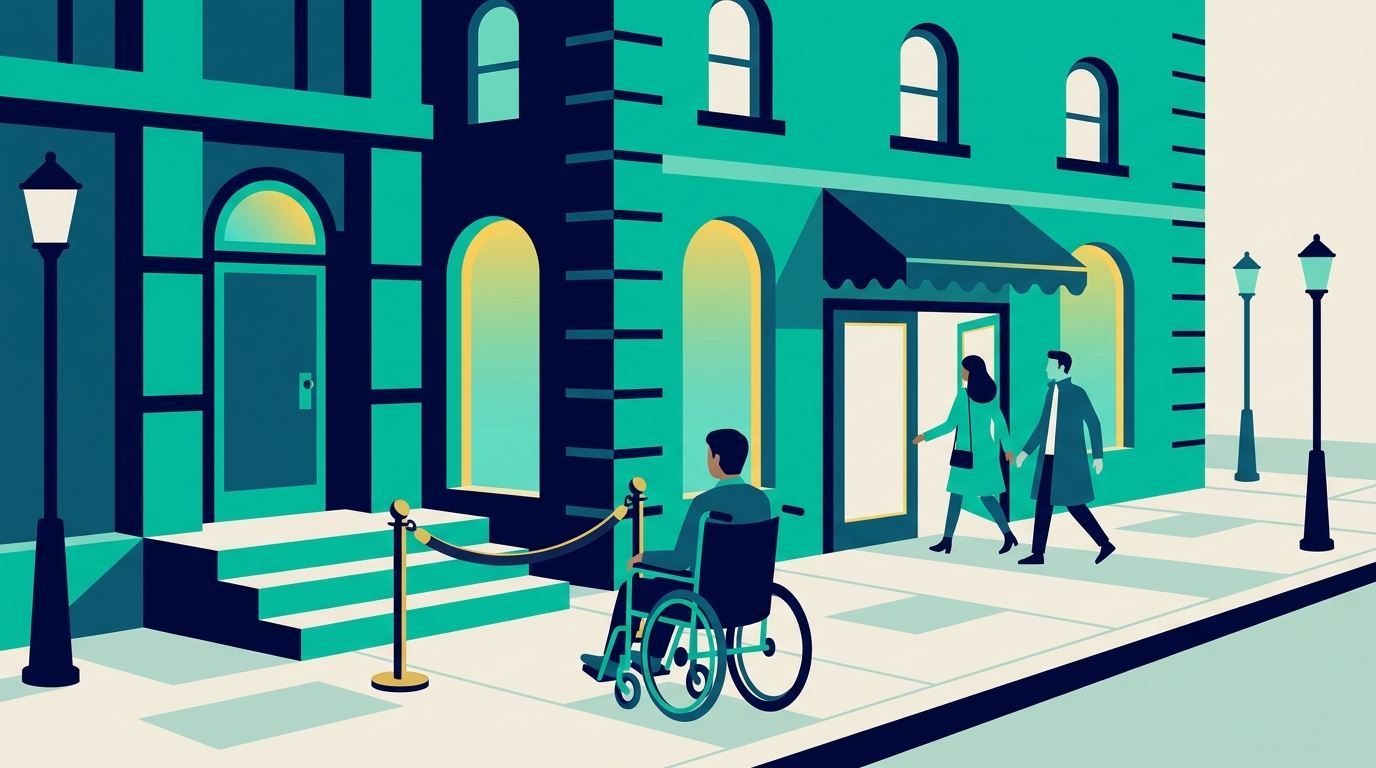 Flat illustration of a person using a mobility device blocked at the entrance of a New York City venue by a step and a barrier rope while other patrons enter