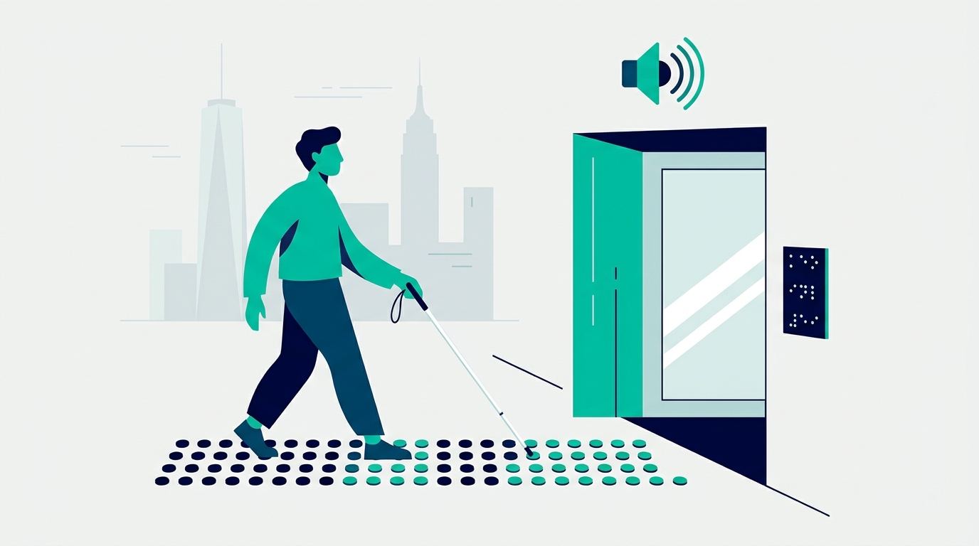 Flat illustration of a blind person using a white cane at a New York City business entrance with tactile paving and braille signage