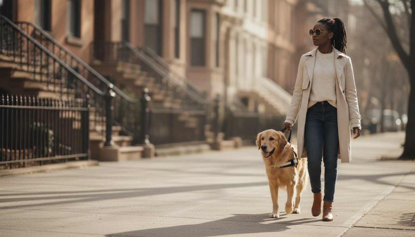 Blind New Yorker navigating a business entrance with a white cane