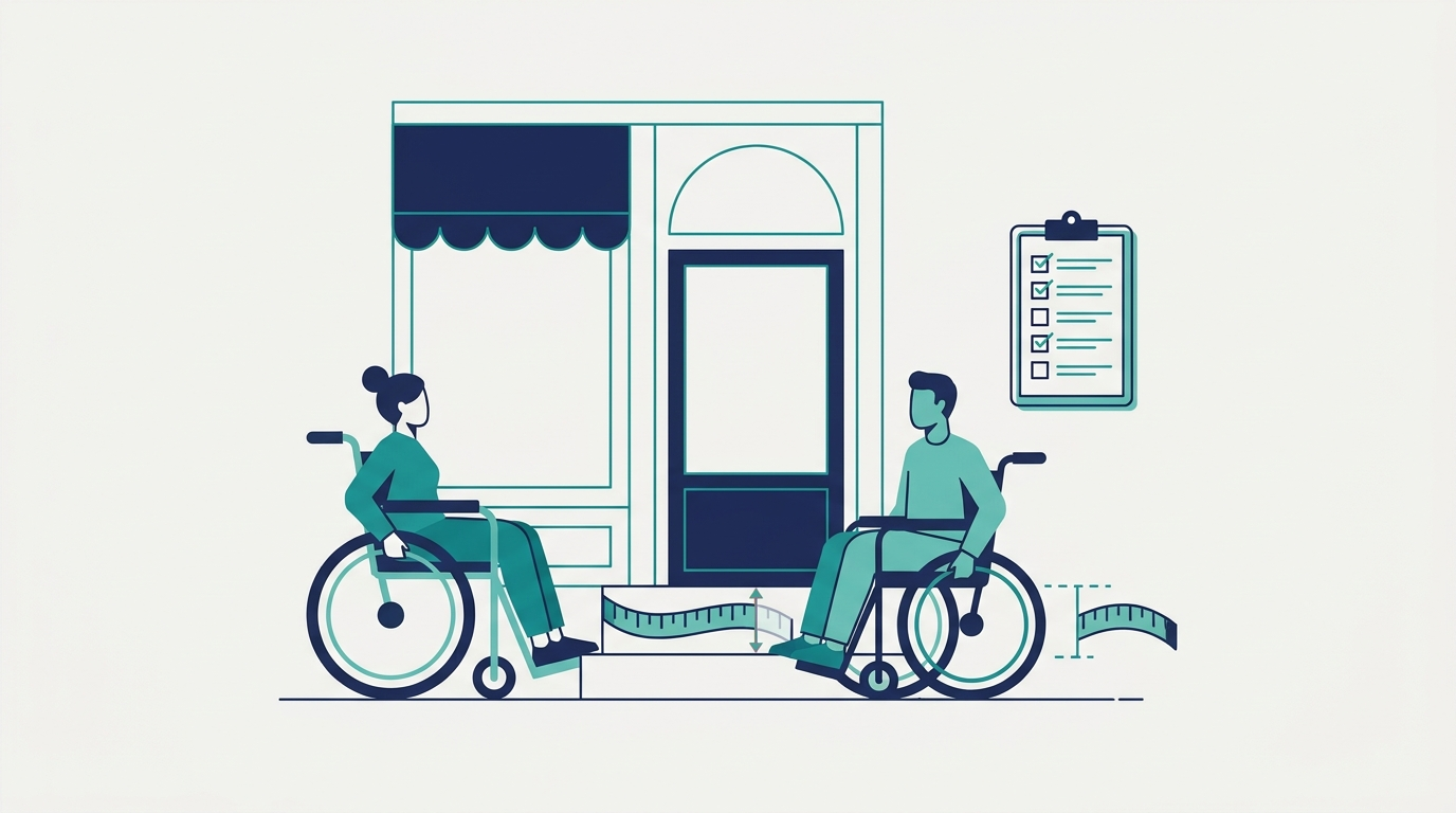 Ilustración plana de dos personas en silla de ruedas frente a un local comercial de Nueva York con entrada escalonada, una cinta métrica que marca la altura del escalón no conforme y una lista de verificación de accesibilidad