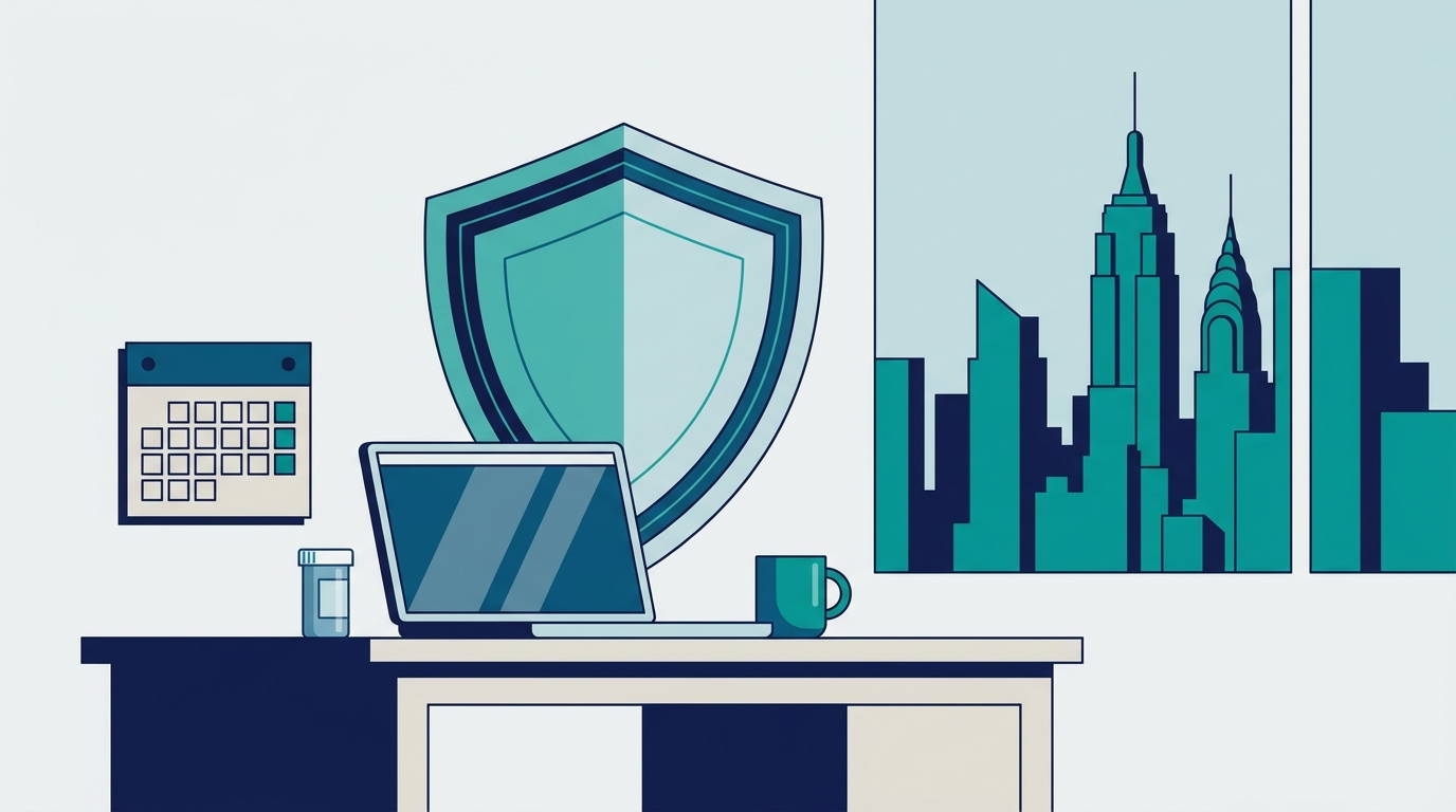 Flat illustration of a New York office desk with a laptop, calendar and prescription bottle in front of a protective shield, with the city skyline beyond.