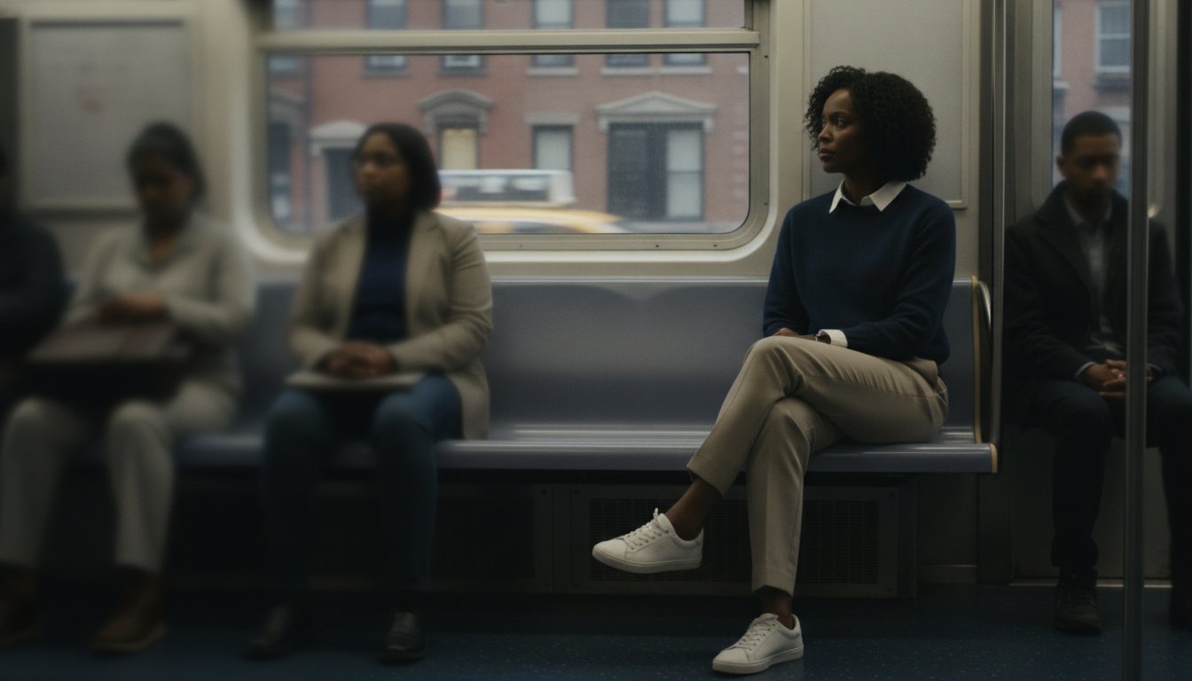A New York commuter sits alone on a subway car, looking out the window on the way to work.