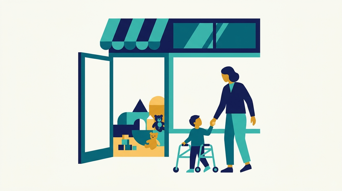 Illustration of a parent and child using a mobility walker walking hand in hand into a welcoming childcare center