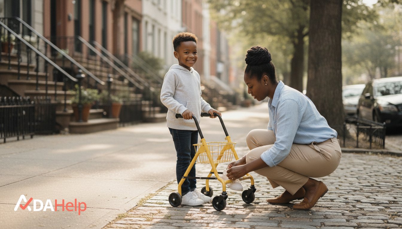 Parent and child at a childcare center discussing disability accommodations