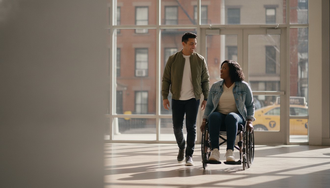 A wheelchair user watching a film from an accessible seating space in a New York City movie theater