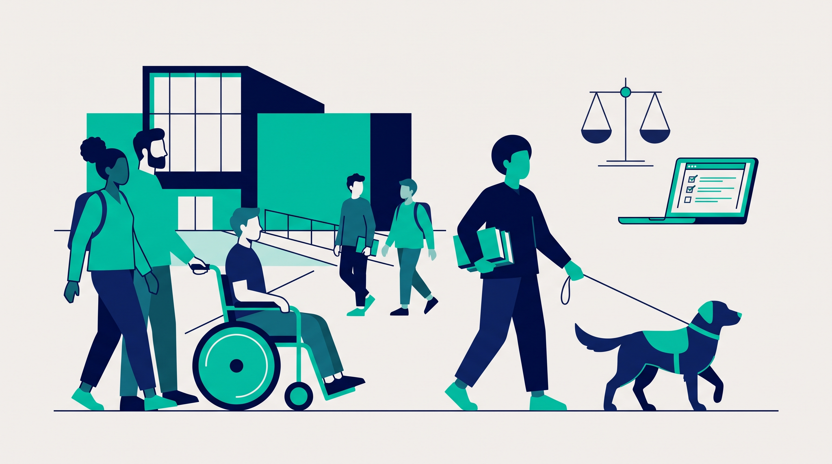 Flat vector illustration of college students on campus, including a student in a wheelchair using an accessible ramp and a student with a service dog, alongside icons of a scale of justice and a checklist laptop