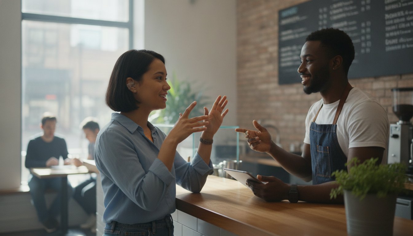 Person using American Sign Language to communicate with a business representative in New York