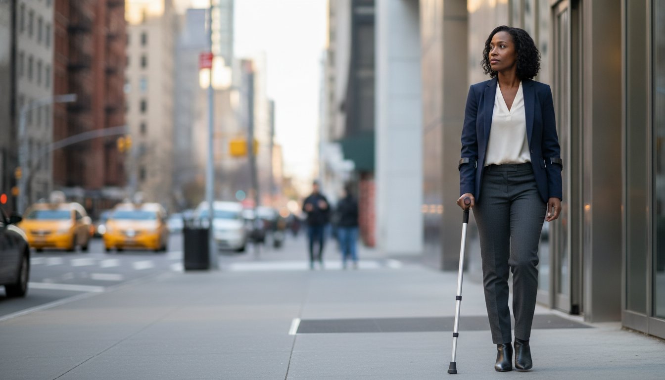 An employee sitting alone at their desk, reflecting the stress of navigating workplace disability discrimination in New York.