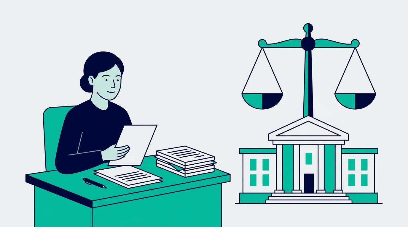 Flat vector illustration of a person reviewing paperwork at a desk beside a courthouse building and scales of justice, representing filing a free ADA discrimination complaint in New York
