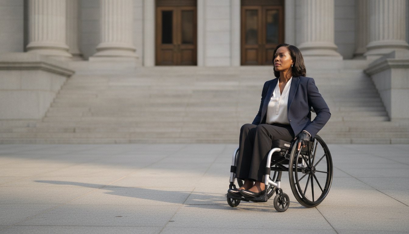 Person using a wheelchair approaching a New York courthouse entrance