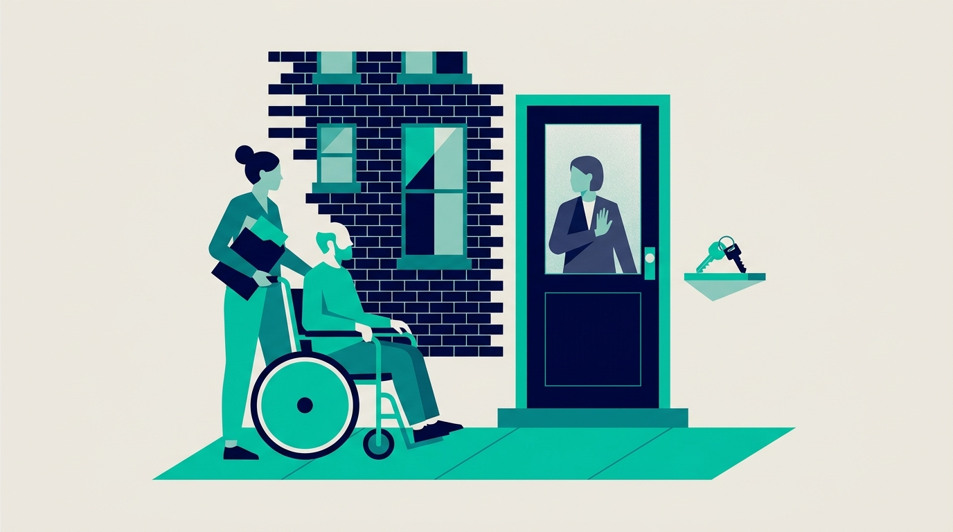 Ilustración plana de una solicitante con discapacidad sosteniendo una solicitud de alquiler frente a un edificio de apartamentos de Nueva York mientras el propietario la rechaza