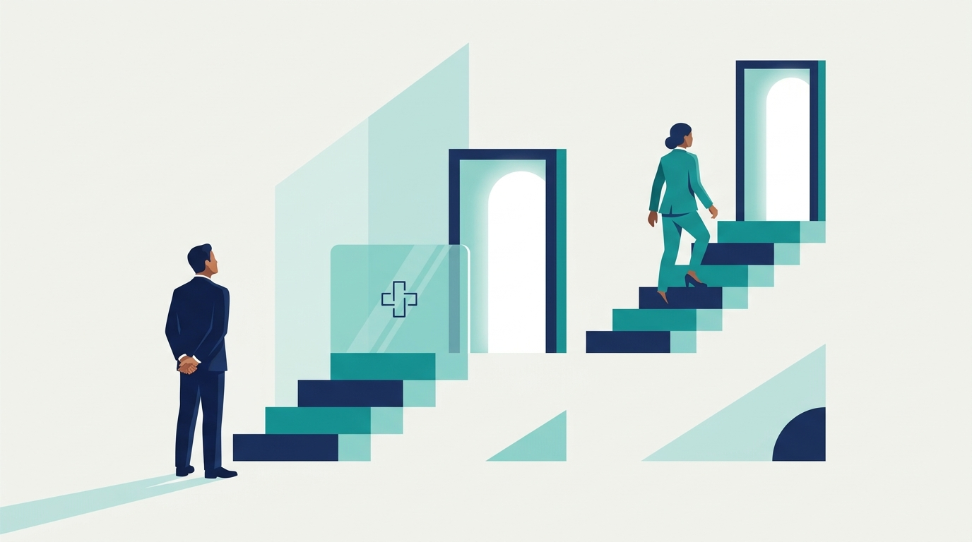Flat vector illustration of a professional blocked from a promotion by a medical-cross barrier while a colleague advances up the stairs unobstructed