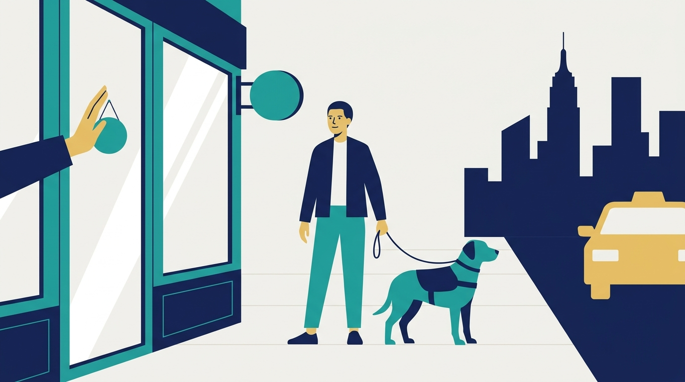 Flat vector illustration of a person with a leashed service dog stopped outside a New York City storefront doorway, city skyline and a yellow taxi in the background