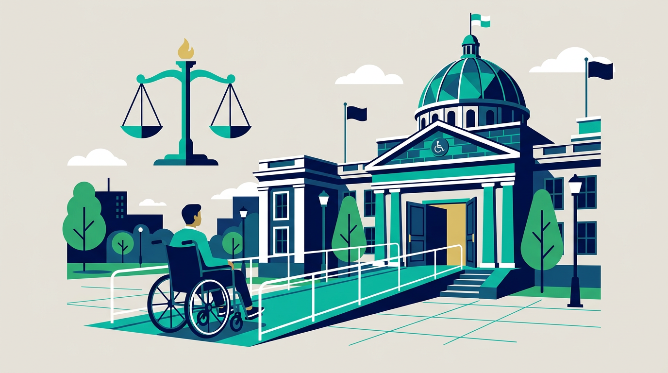 Illustration of a wheelchair user approaching an accessible New York government building with a ramp and scales of justice, symbolizing disability discrimination rights