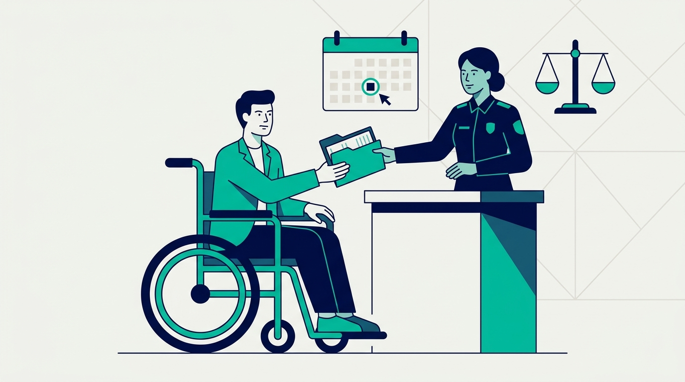 Illustration of a woman in a wheelchair reviewing a disability discrimination claim checklist at a desk, with a scale of justice icon and the New York City skyline in the background