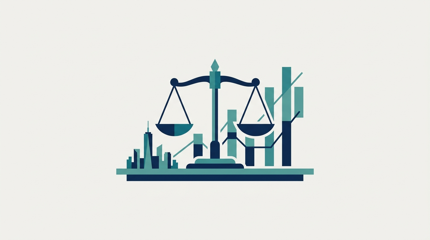 Flat vector illustration of balanced justice scales beside a New York City skyline and an upward bar chart, symbolizing calculating fair compensation for a disability discrimination claim