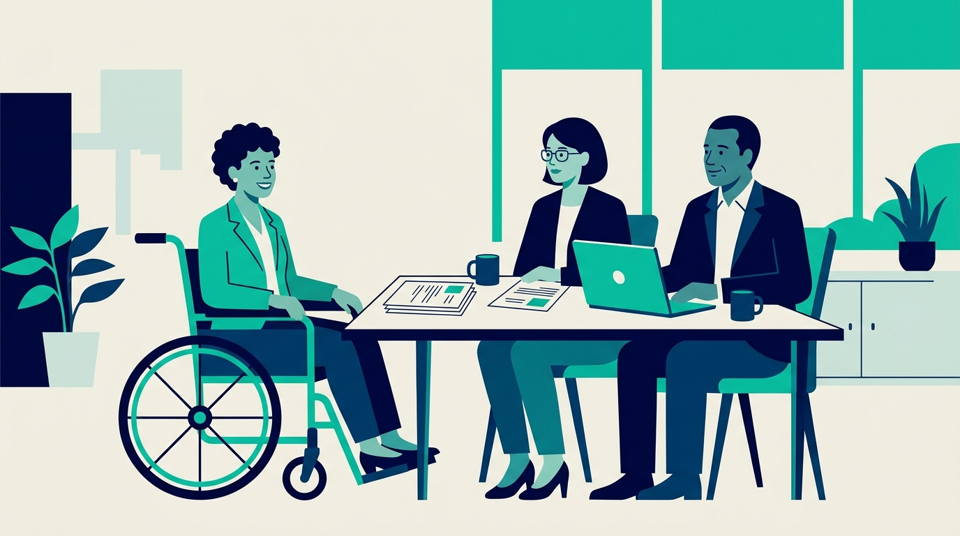 Flat vector illustration of a job applicant using a wheelchair being interviewed by two hiring managers at a table