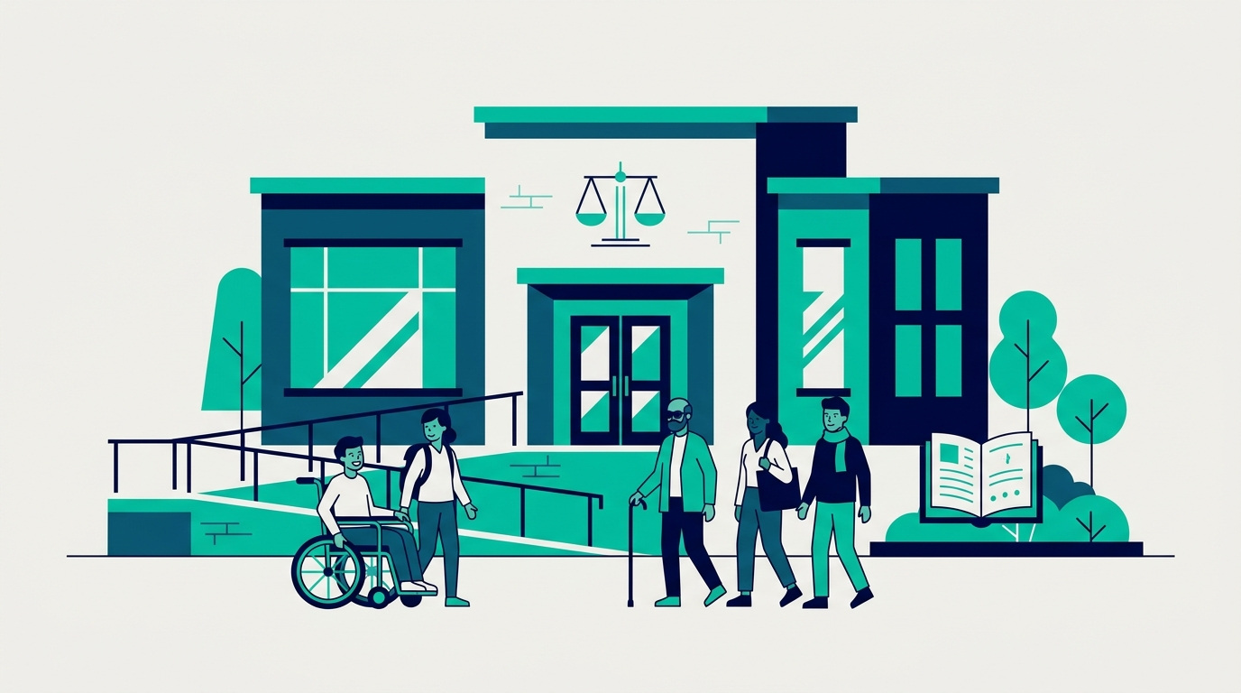 Illustration of a parent and child walking up an accessible ramp toward a welcoming private school, symbolizing disability rights and equal access in New York.