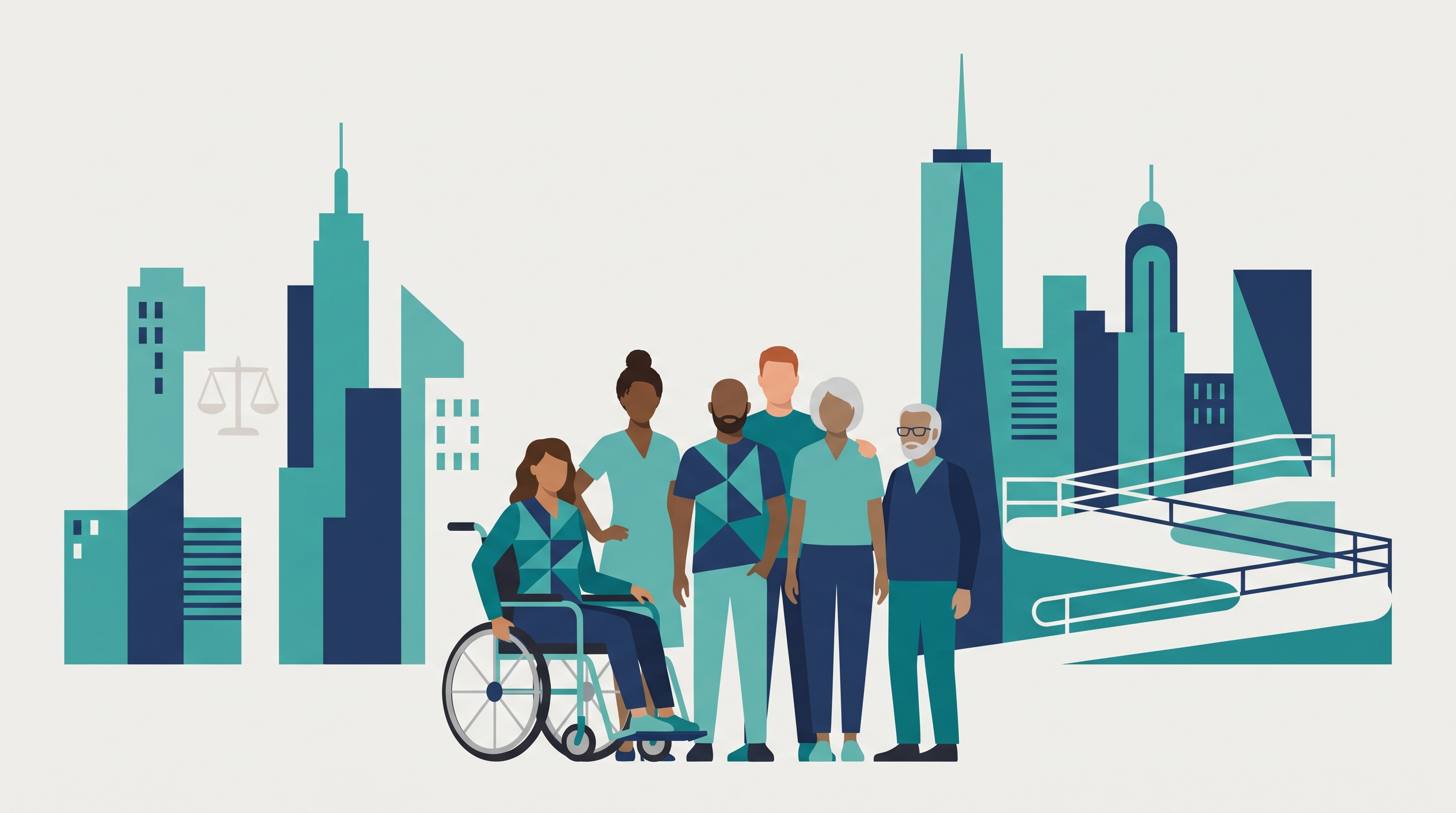 Flat vector illustration of a wheelchair user and a diverse group of New Yorkers standing together in front of the NYC skyline, with scales of justice and an accessible ramp, symbolizing disability discrimination justice