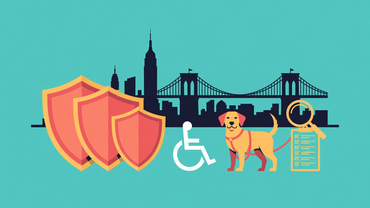 Flat vector illustration of the New York City skyline with three layered legal shields representing the ADA, state, and city three-law stack, a wheelchair-access symbol, a guide dog, and a filing checklist.