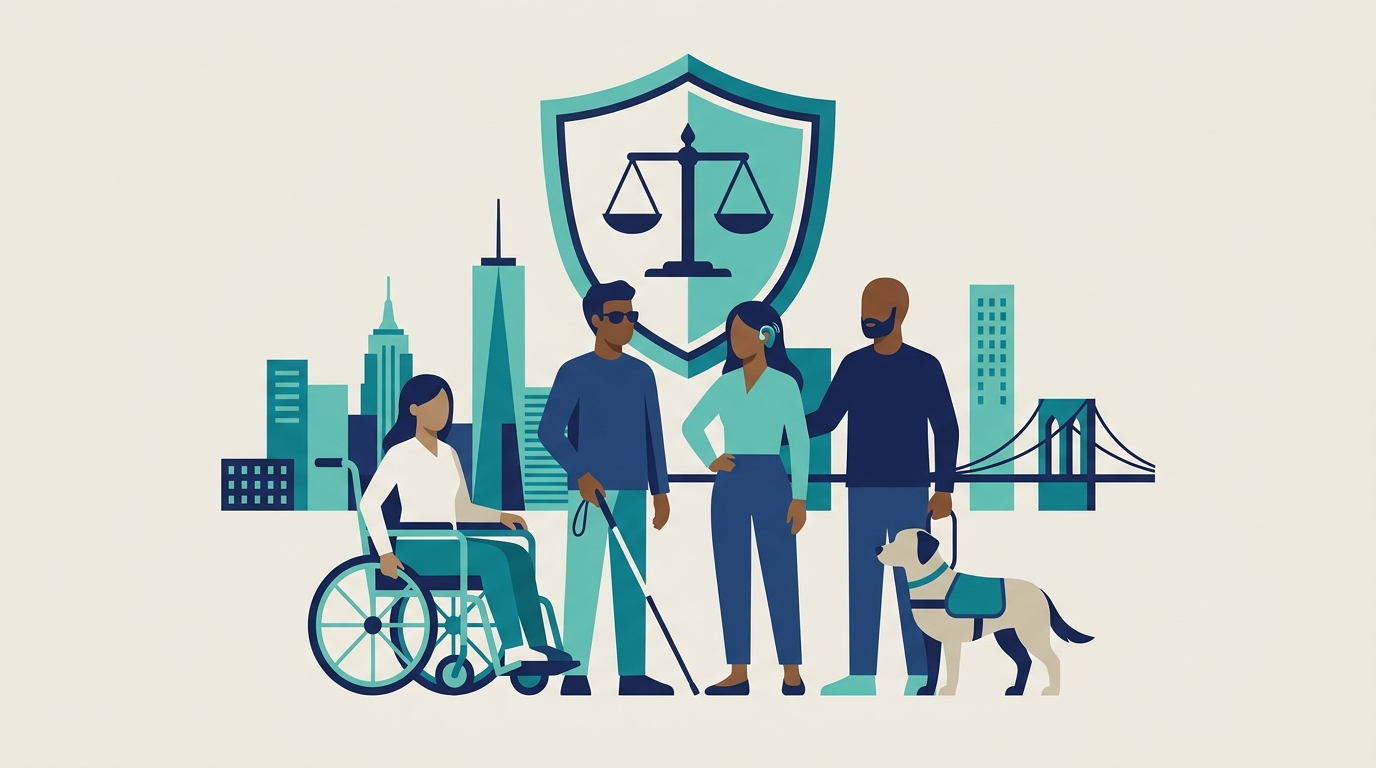Ilustración plana de un grupo diverso de neoyorquinos con discapacidades reunidos frente al perfil urbano de Nueva York, con motivos de escudo y balanza que representan la protección de los derechos civiles