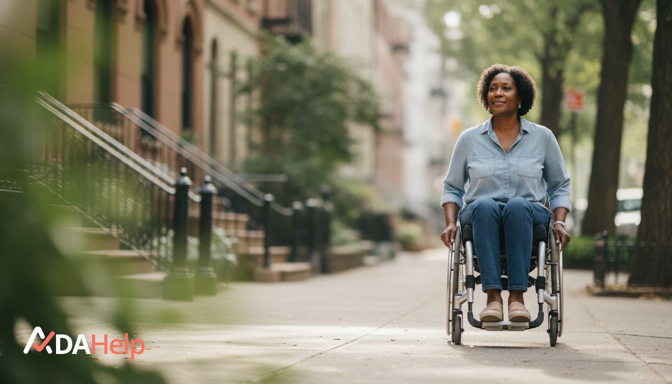 A New Yorker using a wheelchair discusses a disability discrimination claim with an advocate reviewing paperwork.